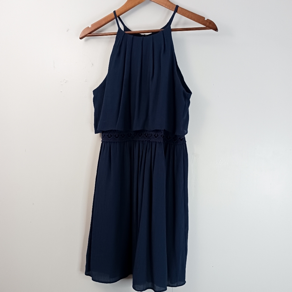 IZ Byer Blouson Dress Junior's Size 11 Navy Blue Halter Knee Length